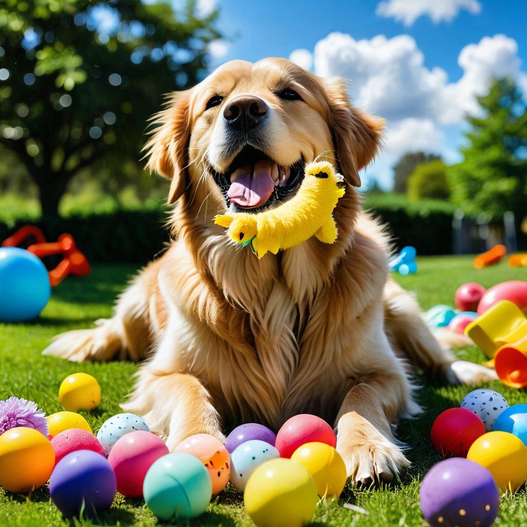 A joyful Golden Retriever playing in a lush green park, surrounded by colorful toys and a cheerful owner giving a treat. The background features a sunny sky with fluffy clouds and blooming flowers to convey happiness. Include a text overlay with 'Essential Canine Care Tips' in a playful font. Vibrant colors. super-realistic.