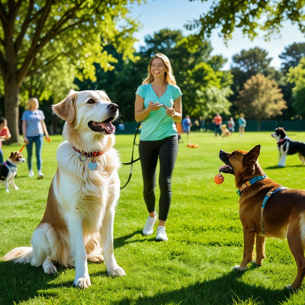 A vibrant scene featuring a happy dog engaging in obedience training surrounded by a lush green park, with a caring owner using positive reinforcement techniques. Include colorful training tools like treats and clickers, as well as other dogs and owners in the background practicing together, symbolizing community and wellness. The sky is clear and sunny, evoking a sense of joy and harmony. super-realistic. vibrant colors. outdoor setting.