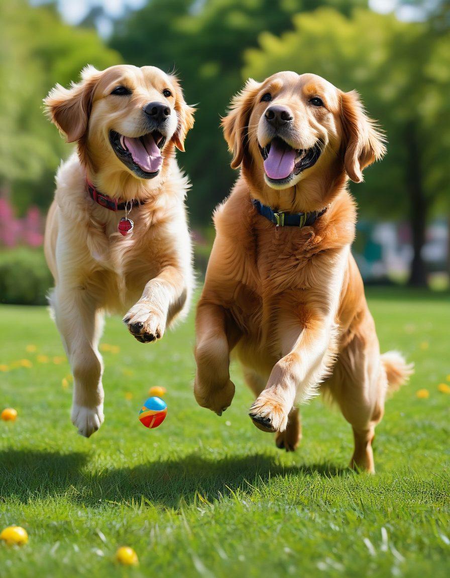 A joyful dog playfully interacting with its owner in a bright, sunny park, surrounded by colorful toys and treats. Include a training session in progress with positive reinforcement techniques, and happy dogs of various breeds happily playing in the background. The scene should radiate happiness and connection between humans and pets. vibrant colors. super-realistic.